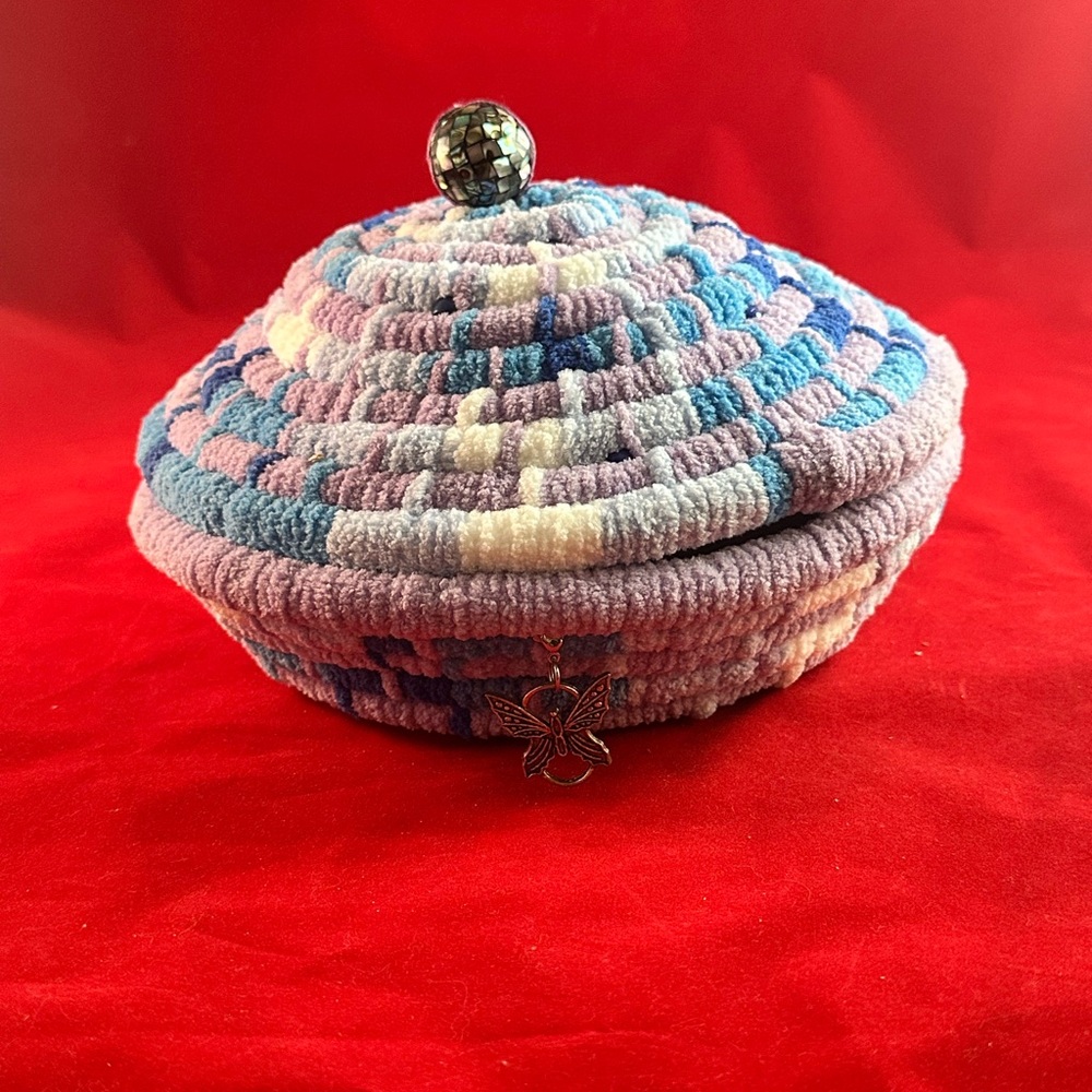 Handmade Plush Spiral Trinket Box in Pastel Lavender & Blue